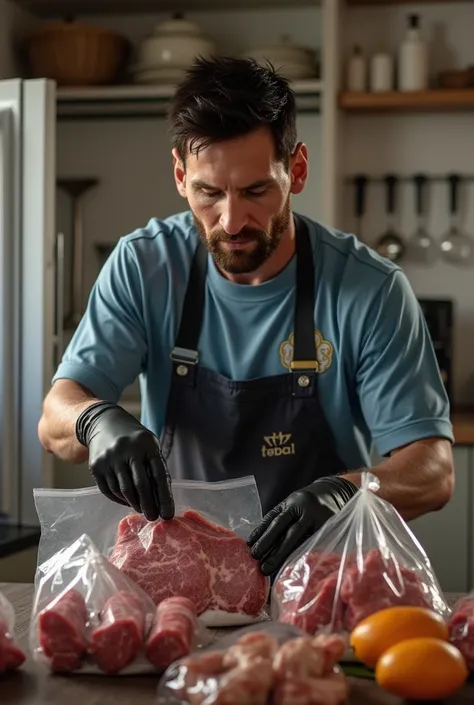 Messi Messi is wearing a black glove  and packing beef on skewers in transparent plastic bags, with a calm expression. He opens the door of a built-in freezer in the kitchen to store the skewers neatly."