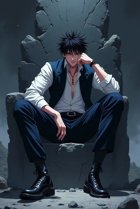 A Male, tall, Black spiky hair, Red eyes, Black, white robes, dark blue belt, white baggy pants, Black socks, and Grey shoes, sitting on a Black rock Throne supporting his head with his hand, intimidating, anime style
 