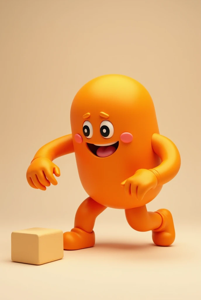 a doll in the color orange ,  pushing a block with its hand,  making strength .