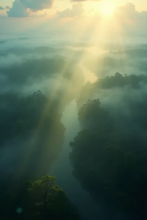 Aerial view of the Amazon rainforest covered by ,  fog with sunbeams crossing the trees and a mysterious environment in the background