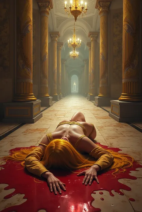 The princess lying in blood in the palace corridor Yellow hair