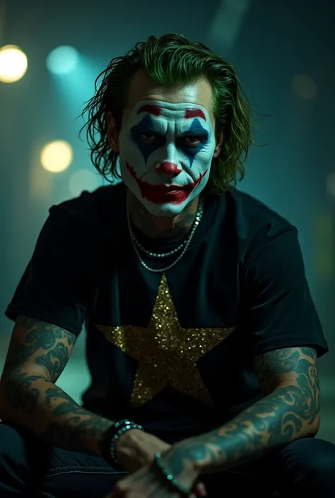 A captivating cinematic photo of the Joker, exuding a magnetic intensity and an air of mystery. The persons black outfit prominently includes a t-shirt adorned with a “star” with glittering effects, enhancing the dark and edgy aesthetic. amplifying the eni...