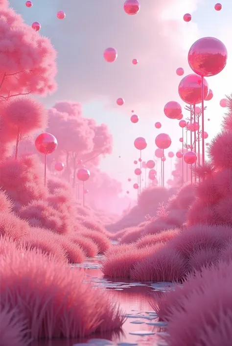 Surreal molecules  ,landscape, pink with shades of deeper pink in the open air with grass