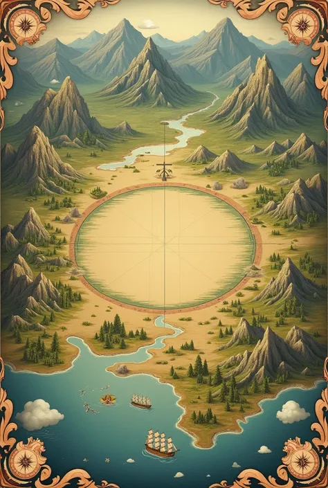 a world map with the Plains in the center. art style with drawing characteristics of old maps.