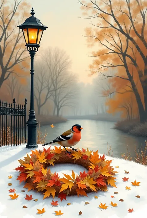 a wreath of fallen multi-colored leaves (yellow, brown, red, ocher, beige) lies on a lawn covered with snow, a bullfinch sits on the wreath, a forged fence, an old street lamp with a candle inside is burning, late evening; wet watercolor illustration, blur...