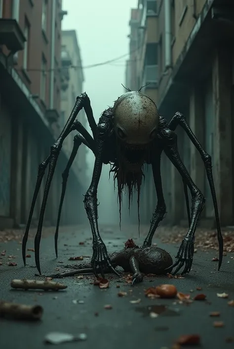 Underneath the broken sky, in a forsaken alley, a grotesque figure with unnaturally long fingers and a swollen, featureless face hunches over its prey. As it feeds, its thin, spider-like legs twitch and shift. Then, its head jerks toward you, its empty soc...