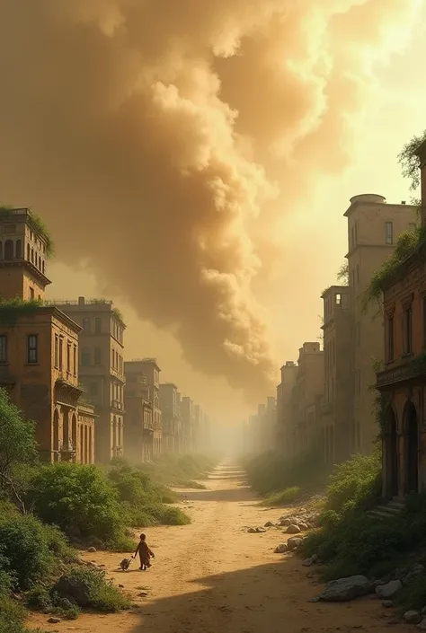 Create the image of a sandstorm attacking an abandoned town full of rivers and plants