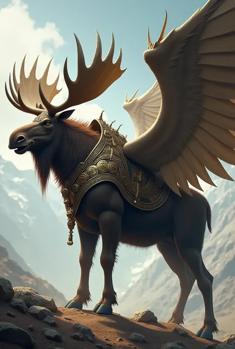 epic fantasy muscle angry winged moose in armor and saddle, giant wing seen from the side