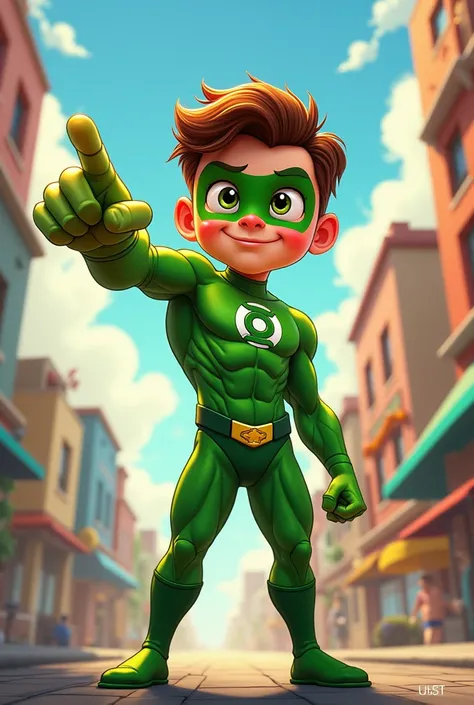  a young animated superhero pointing out something, Animated cartoon type wearing a green suit 