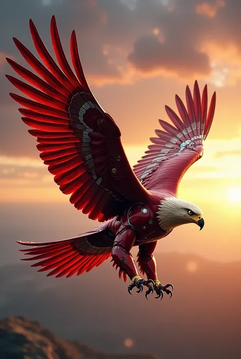 Create a breathtaking and realistic image that fuses the majestic eagle with Iron Man, transforming the superhero into a magnificent eagle with a sleek, metallic plumage that reflects the iconic red and gold colors of Iron Mans suit. The eagle is soaring h...