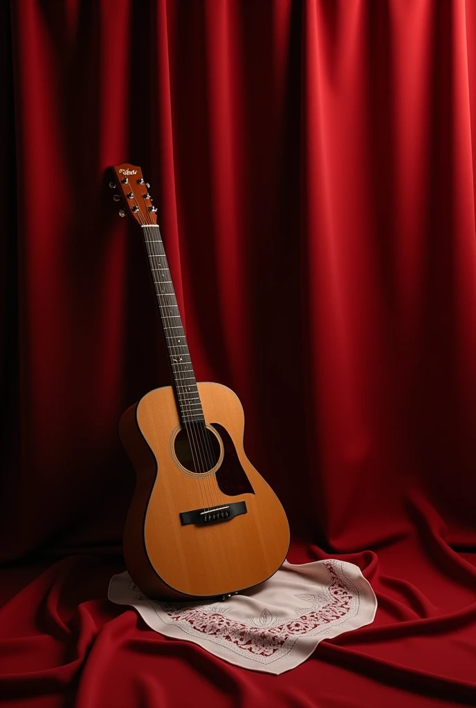 Red fabric background with white handkerchief hanging on one side Teylor guitar 
