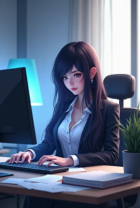 MLBB hero kagura in a company work at a computer