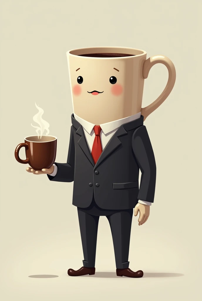 Create a man mug wearing a suit and holding a mug in 2d