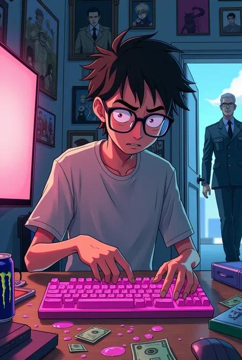 Generate anime skinny nerd wearing glasses. He fixing his pink keyboard because he poured out monster drink on keyboard. In the background he got a lot of anime photos on the wall and on the right side his dad coming into his room at military outfit giving...