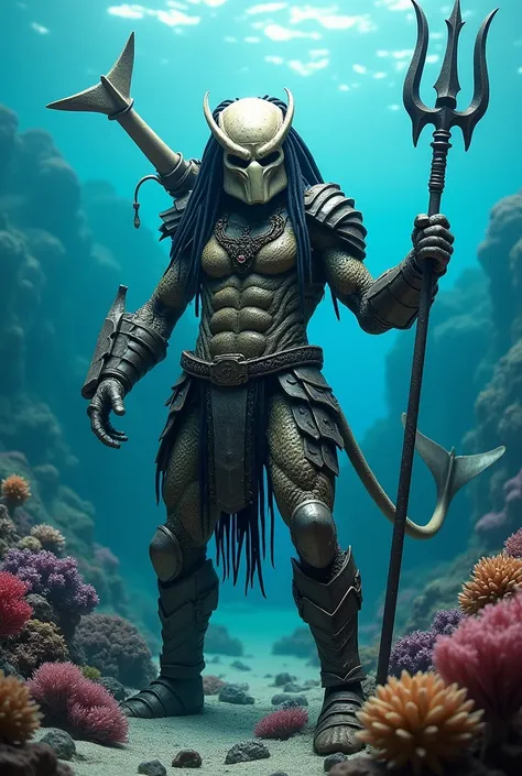 image dune créature alien faisant penser à celle des films "predator". il porte un masque marin avec des éléments rappelant la piraterie. il porte une armure marine pour respirer sous leau tout en respectant lesprit armure des films de base. il se tient su...