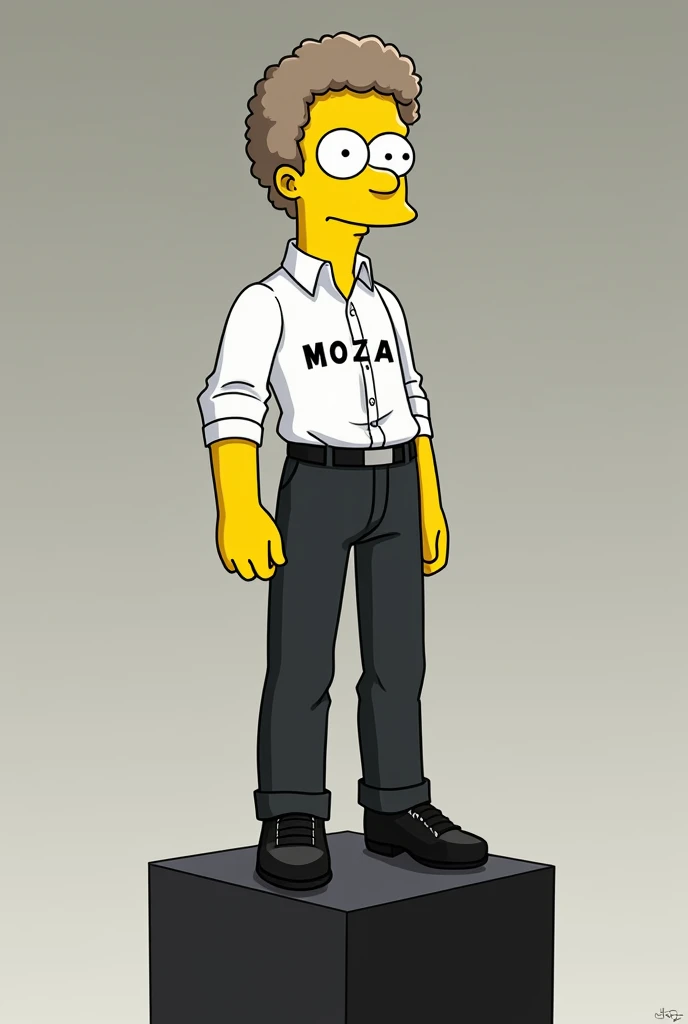  Create a 23-year-old Simpsons character,  with short curly hair , On a black stand , elegant white shirt, AND BLACK SHOES,  that the person is white ,  in his shirt that says Moza  