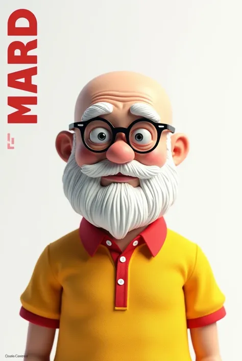 3D image portrait with white background 4 man bald white skin with a cap white beard glasses big text curly yellow polo shirt with well-proportioned red collar 
