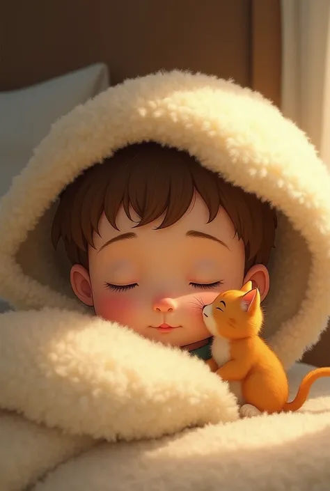  A little cat leaves a kiss on the nose of a very cute little zou, glissée sous sa couette, With brown hair cut like a boy . Style Ernest et Célestine