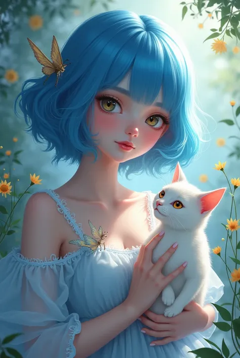 A BLUE HAIRED woman WITH A CAT