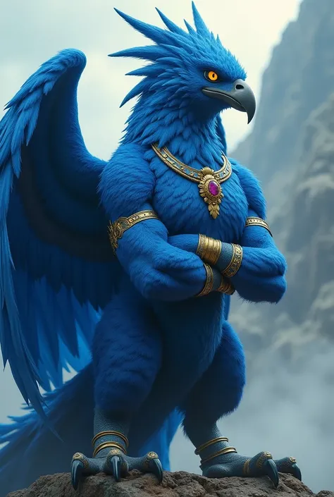  a phoenix with a human appearance. It has a human body and dark blue plumage with large wings., very large,  muscular body ,  Staring Intensely, Fierce face color ,  bright neon blue eyes ,  full of gold armor with thick gold armor, ,  thin gold crown ,  ...