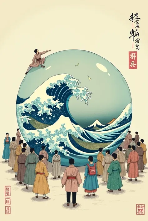 Japanese-style drawing of sea waves inside the globe and many people holding it 