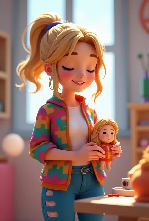 Female character make a doll the face is with the eyes closed without a mouth and with a blush the hairstyle is a tail with two locks in the front she is blonde the pants are blue with holes the shirt is white with a blue coat attached that is colorful and...