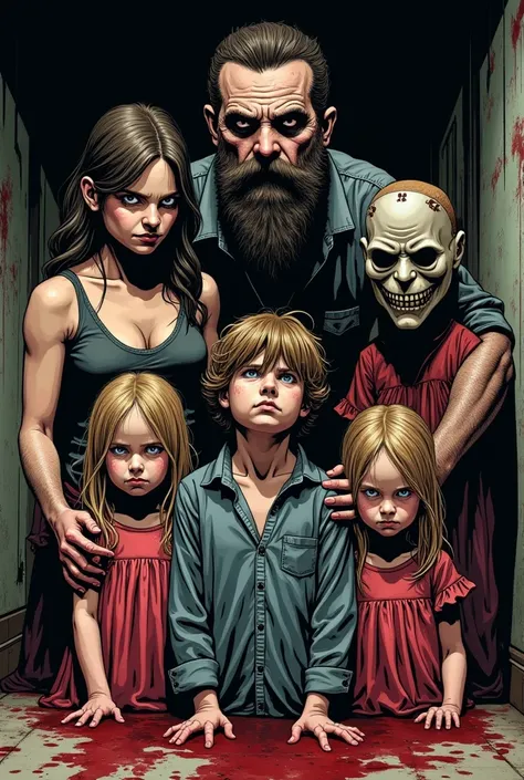 horror cannibal family with a mother, a beard father, a 20 years old daughter, a teenage brother,  twin little sisters and the cousin with an serial-killer mask, comics style