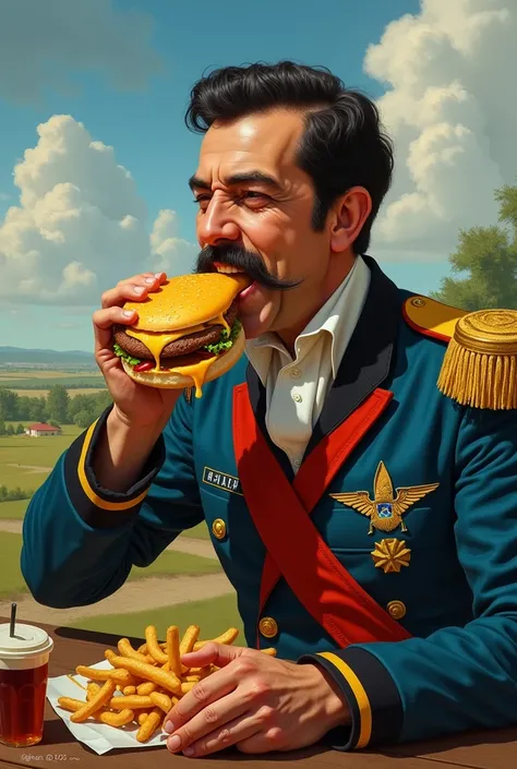 Image of José Gervasio Artigas eating a dripping cheeseburger