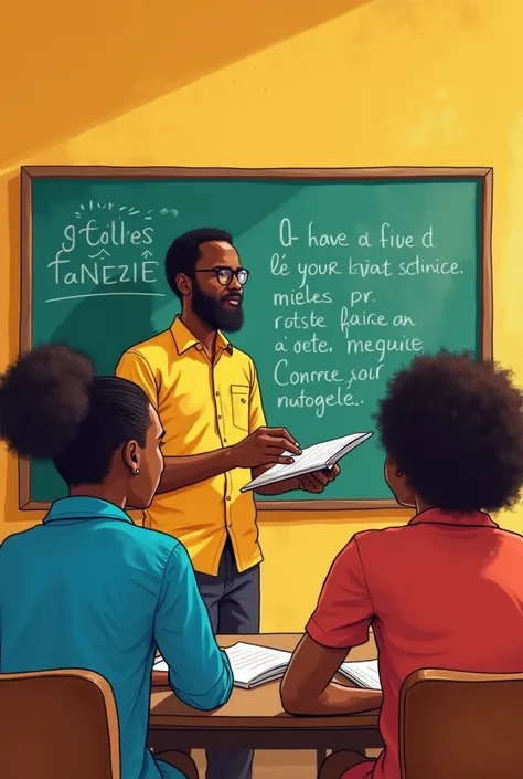 une illustration africaine  dun professeur qui explique à des personnes adultes assises autour dune table une méthodologie, une leçon de microfinance dans une salle aux couleurs du Sénégal. il y a un tableau décriture moderne derrière  le professeur.
