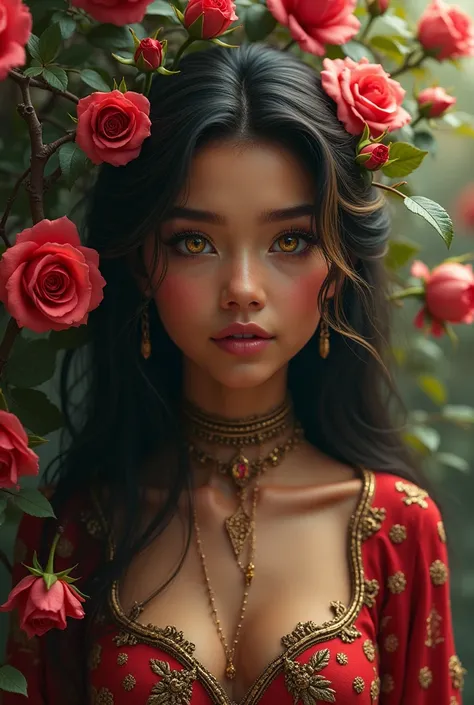 Tanned skinned girl, long, wavy, black hair with blonde streaks, almond-shaped golden eyes, fantasy clothes, surrounded by red roses and thorns