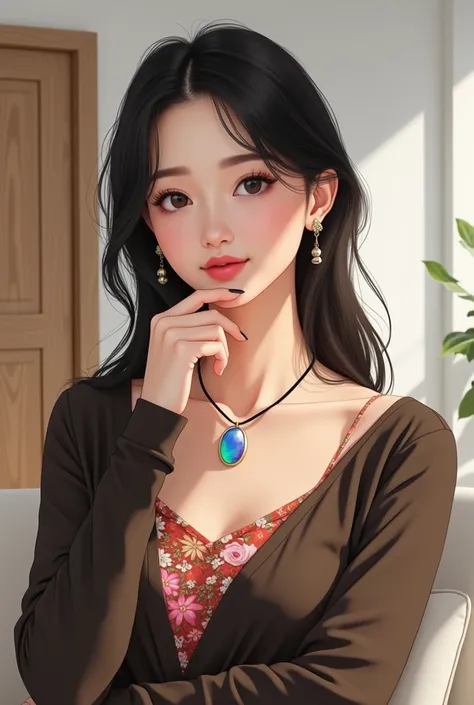  Illustrate a young woman posing with elegance and a calm expression in a bright environment .  She has an oval-shaped face ,  with delicate and soft features . your skin is fair,  with a uniform texture and a natural tone . Your eyes are medium sized, sli...