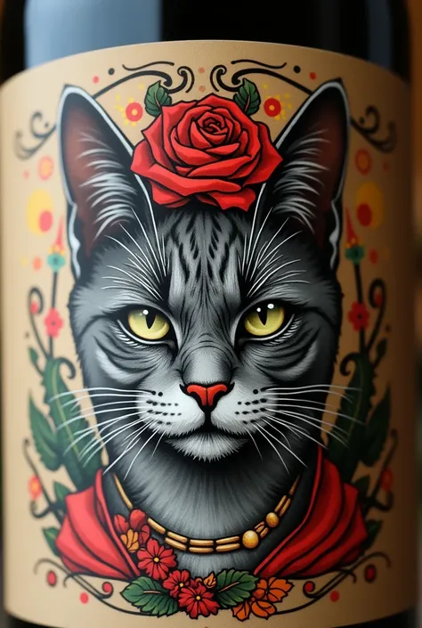 Wine labeled with “Fred Kahlo” with gray British cat with connected eyebrows, frida kahlo style
