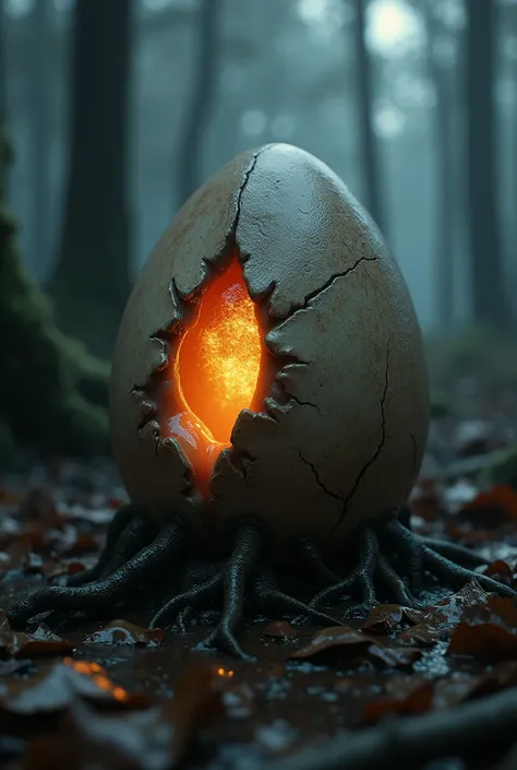  A hyperrealistic scene in the heart of a dark and gloomy forest ,  where a strange egg rests on a bed of wet leaves and gnarled roots .  The egg has an oval and robust shape ,  with a surface that combines soft, feline textures with thick, leathery sectio...