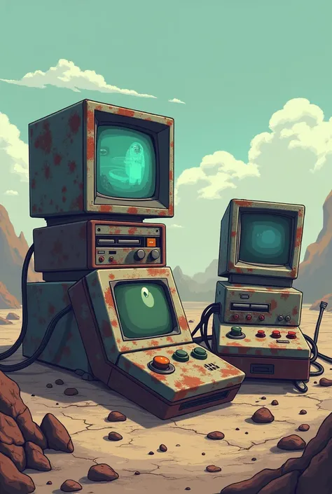 A scene showing a post-apocalyptic world of 8-bit consoles