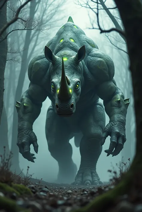  A scene a hybrid monster between a alien type  "gray"  and a rhinoceros in a dark and dreary forest .  The creature is massive and terrifying in appearance , con un cuerpo musculoso cubierto de una piel que mezcla el gray translúcido alienígena,  style, r...