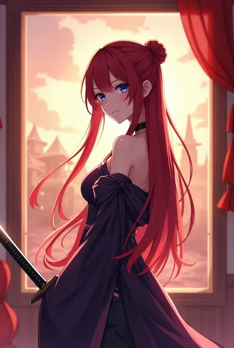 (photo anime), beautiful woman, smiling slyly, wearing loose off-shoulder top, wearing dark purple kimono, long staright red hair, outdoors, soft lighting, war in background, window with sunlight, cozy room, serious pose, anime, intricate details, white sk...