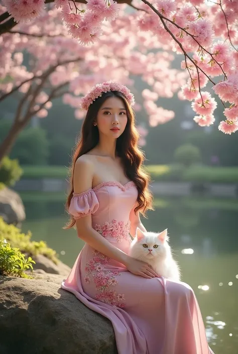 Real person style,(((full body hyper realistic photography))), idyllic scene set in a lush garden filled with blooming cherry blossom trees. In the foreground, a young Asian woman sits gracefully on a rock, wearing an elegant, off-the-shoulder pink body co...