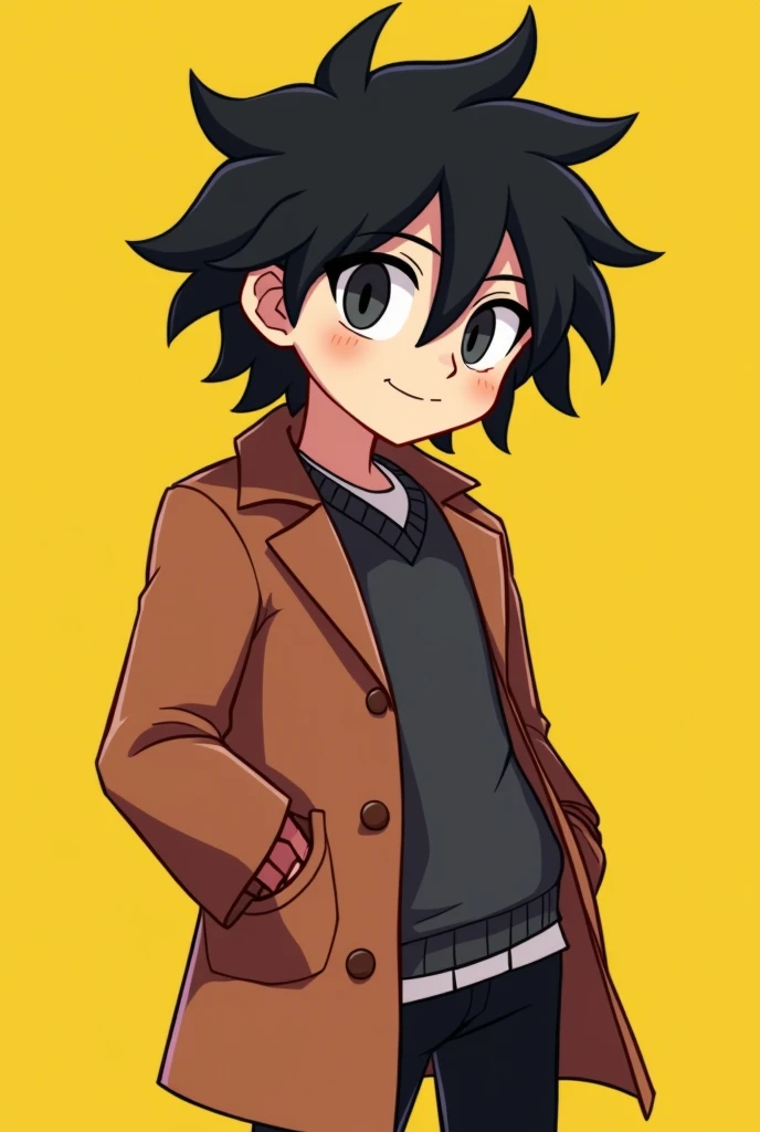 I want a cartoon style image, for a brawl stars channel, medium length hair, and black. He wears a coat without a red, the character is male and also has light skin. I want the character to be simple without any special effects, and for the character to be...