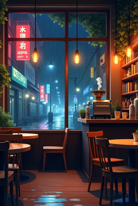 A cozy café at night, illustrated in high-definition anime style. The space is illuminated by warm and soft lights reflecting off polished wooden tables. A large front window reveals a rainy street, with neon signs shimmering in the puddles on the sidewalk...