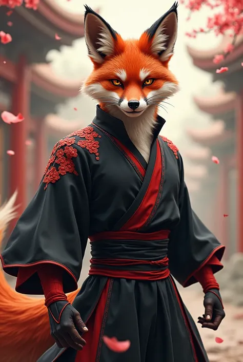 male anthromorphic marbled fox with black and red kung-fu clothes