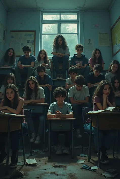 sets a dark, intense mood, taking place in a chaotic classroom setting. The image shows 20 students, including Amara, Charlotte, and Xander, all scattered across mismatched, uneven chairs arranged in a haphazard manner, stacked in a way that makes them res...