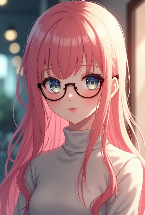 Cute anime girl, adult, long pink hair, wearing glasses