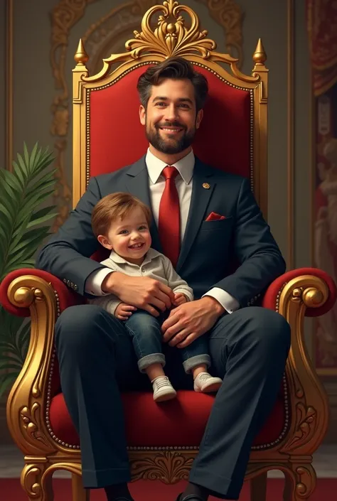 Businessman with his four-year-old son on his legs on a throne