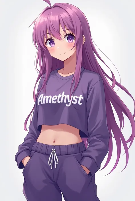 beautiful long haired anime girl waering cropped top and loose jogging pants with a text "Amethyst" on her clothes