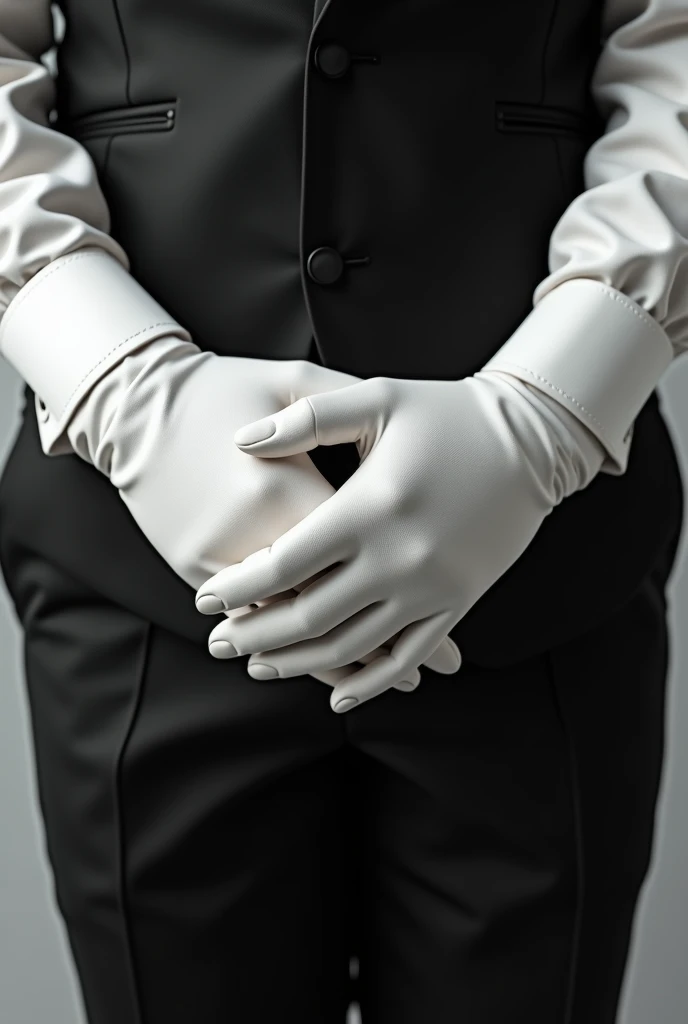 Create male hands in luxurious white gloves, one on top of the other, person standing with hands in front of the body relaxed at crotch level