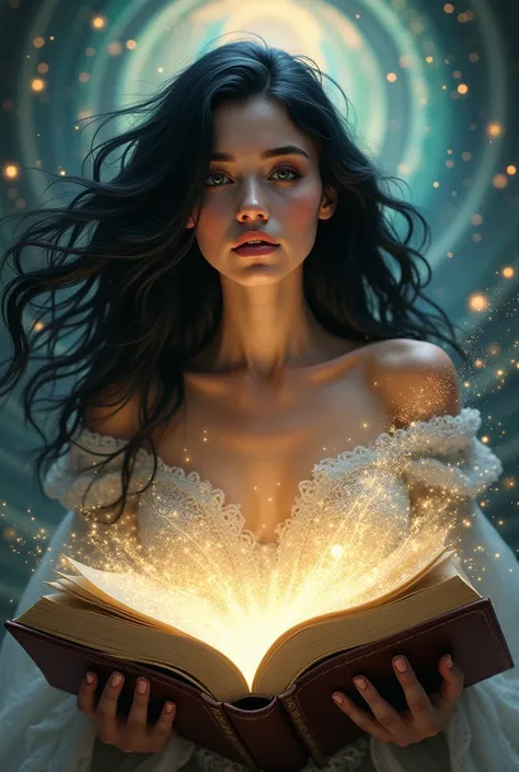 Generate a picture for me in which a black-haired woman is already half sucked into a book and the background is supposed to represent time travel