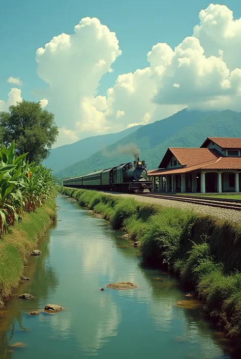  seen from various angles of a 1960 train station in the country of El Salvador ,  with their locomotive waiting for their passengers to board , There are already some people waiting , Surrounding it are cornfields and coffee fields ,  as a beautiful river...