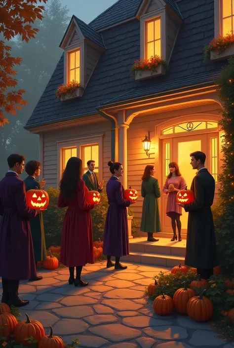  Create an image with this text :  the holiday came .  People put on their best clothes and went to the bosss house. They stopped at the door and poured their pumpkins into the pot .