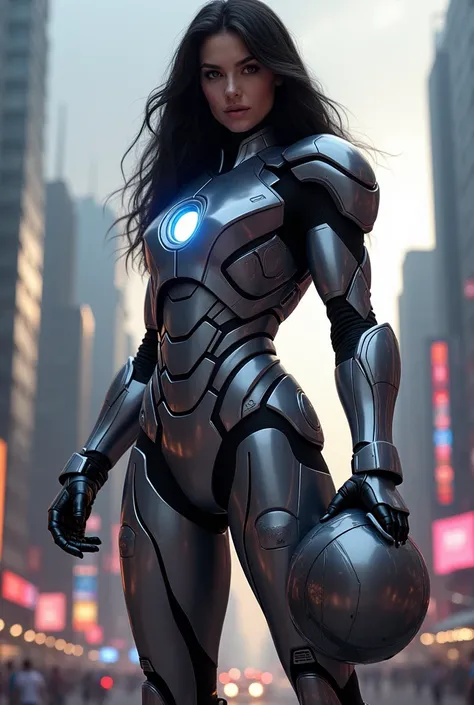 Create a full-body image of Iron Man if you were a woman with long hair and a helmet in your hand