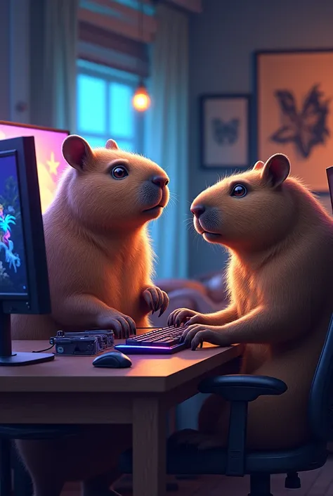 Two capybaras each playing on their respective gamer computer 